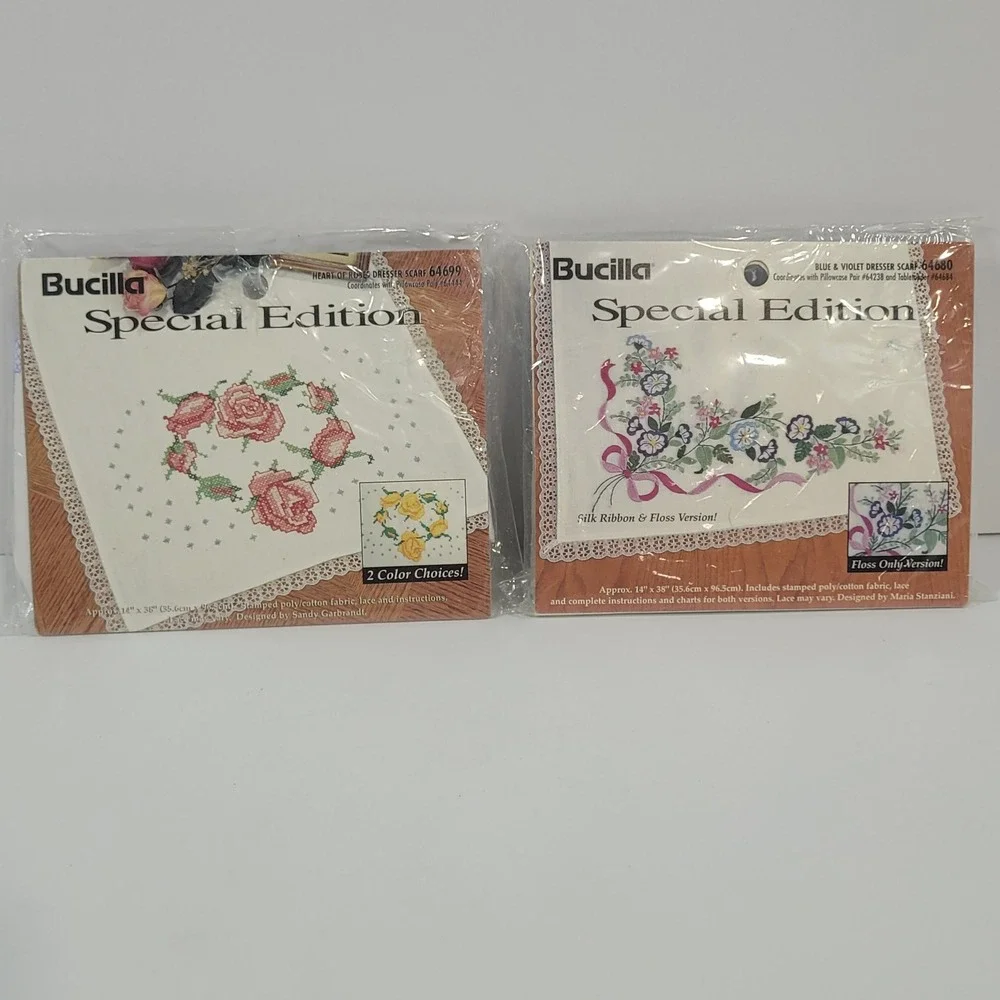 Lot of 2 Vintage Bucilla Stamped Dresser Scarfs Heart of Roses and Blue & Violet